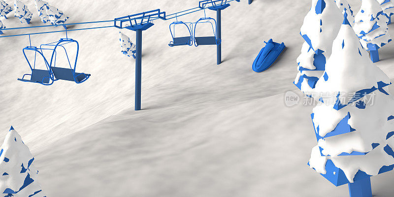 有滑雪缆车和雪地摩托的滑雪胜地。副本的空间。3 d演示。